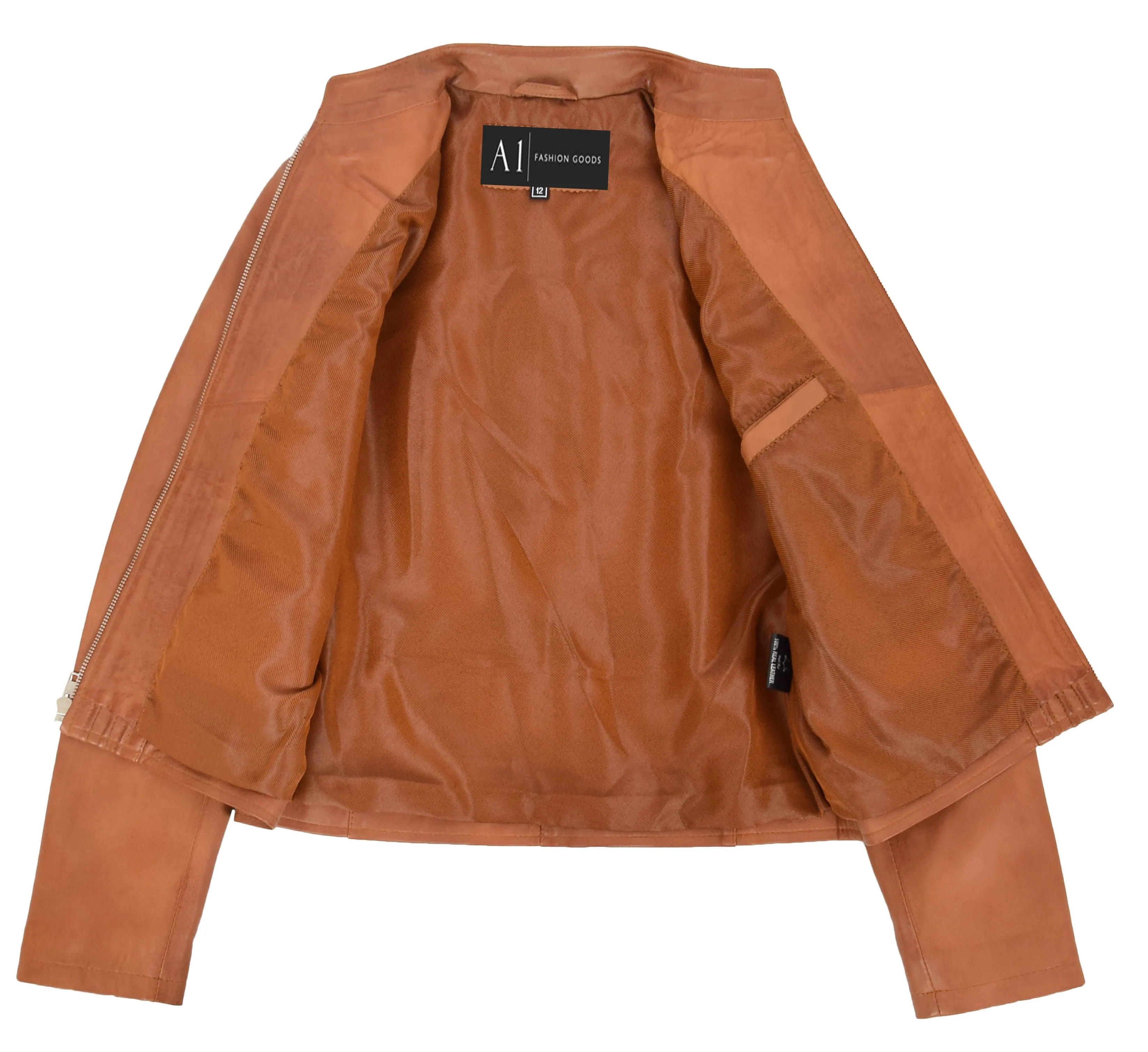 Womens Soft Cognac Leather Biker Jacket Stand-Up Band Collar Bliss