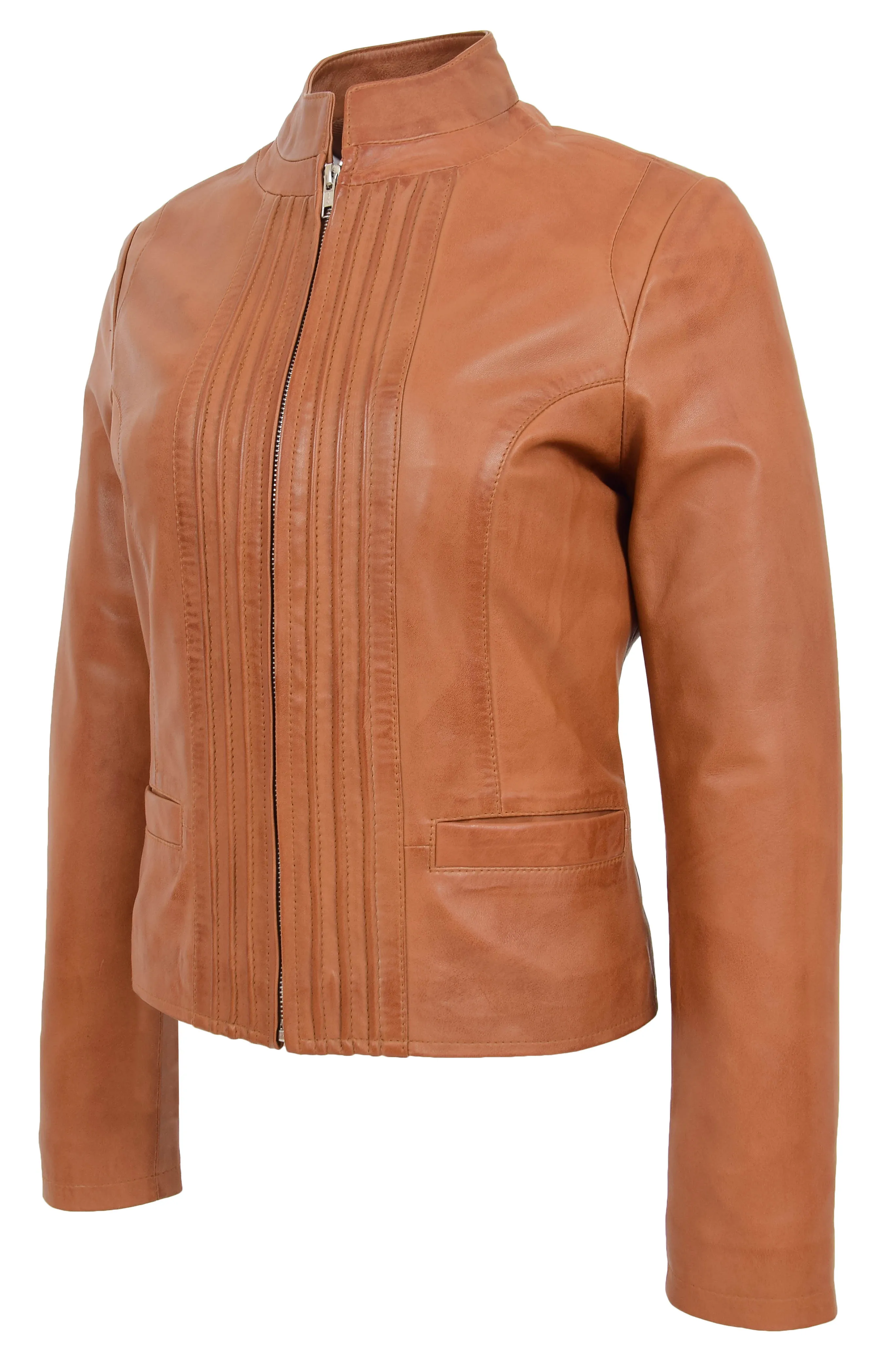 Womens Soft Cognac Leather Biker Jacket Stand-Up Band Collar Bliss