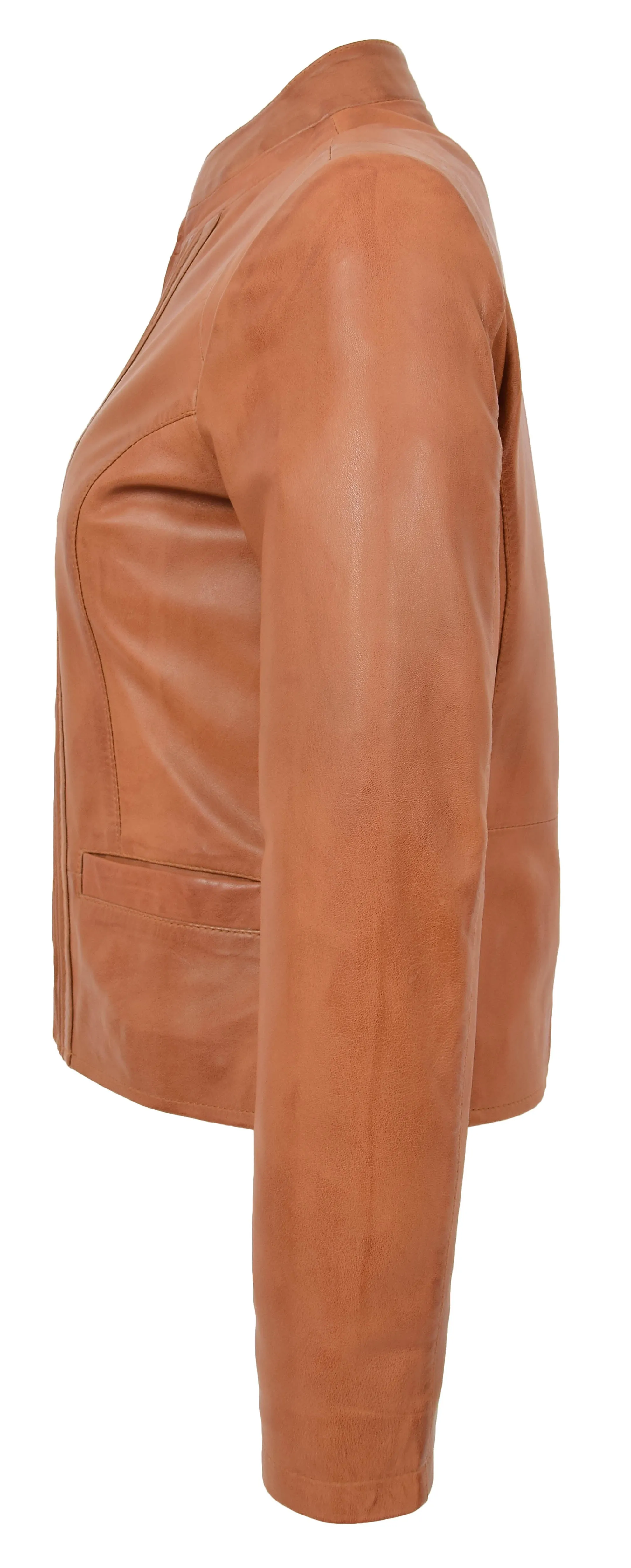 Womens Soft Cognac Leather Biker Jacket Stand-Up Band Collar Bliss