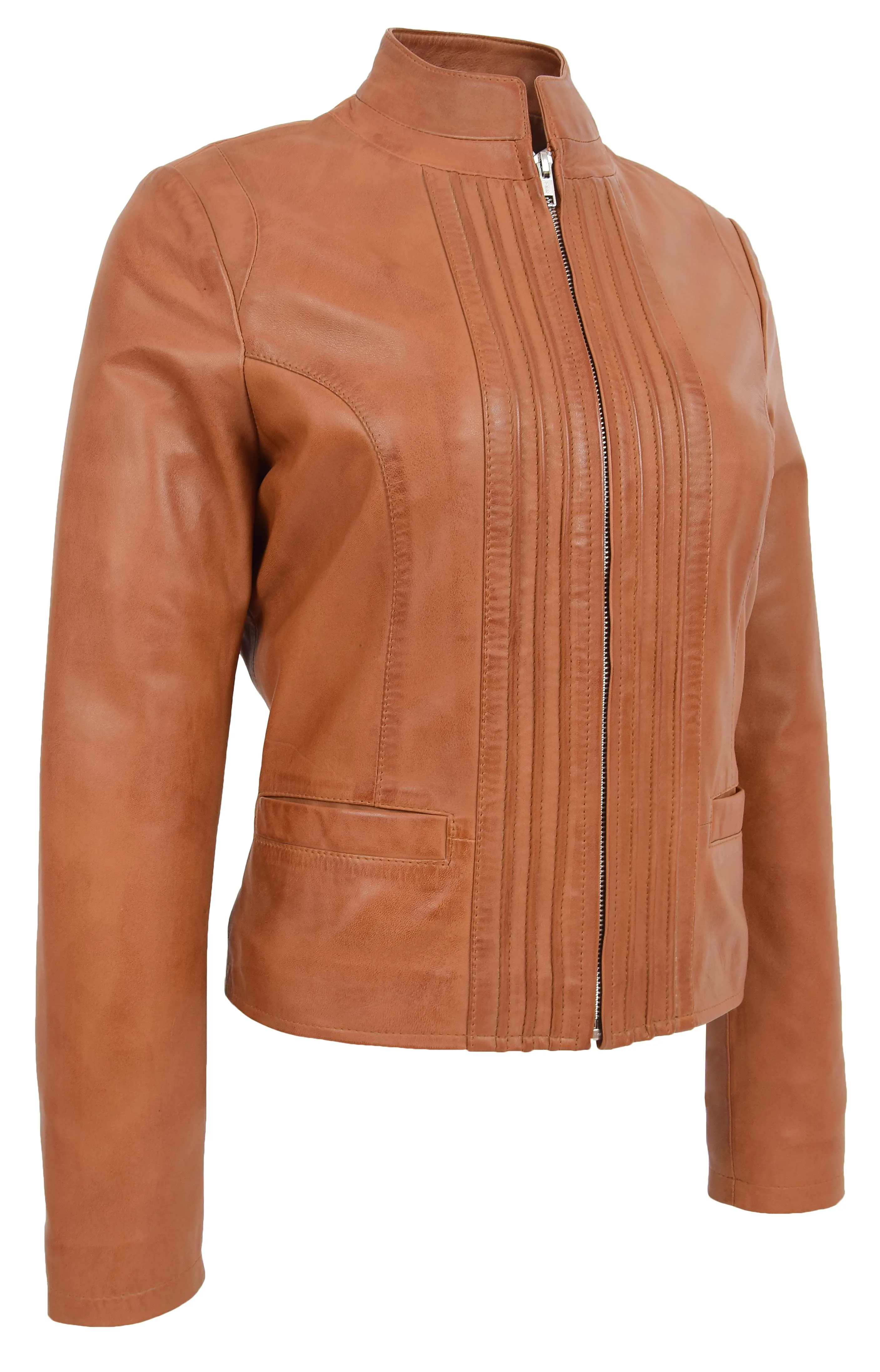 Womens Soft Cognac Leather Biker Jacket Stand-Up Band Collar Bliss