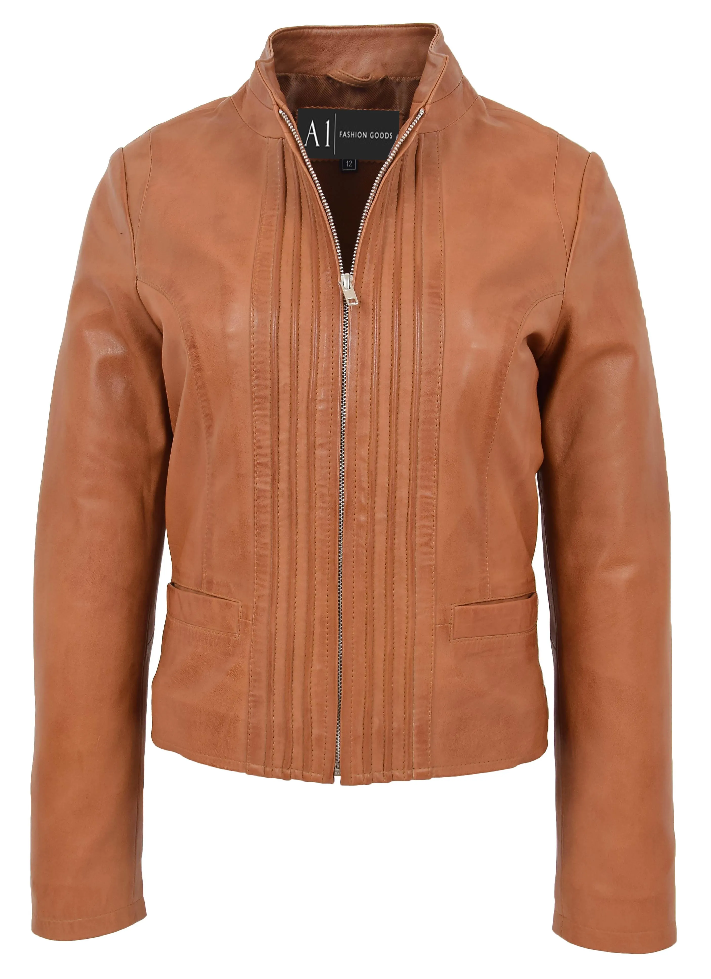 Womens Soft Cognac Leather Biker Jacket Stand-Up Band Collar Bliss