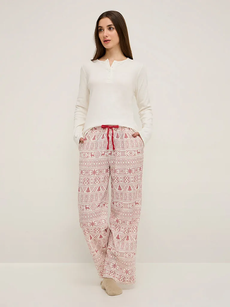 Wunderlove Off-White Waffle-Textured High-Rise Lounge Pants