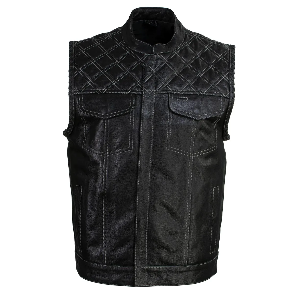 Xelement Men's Black Leather Motorcycle Vest Stars and Stripes Design with USA Flag Liner XS13003