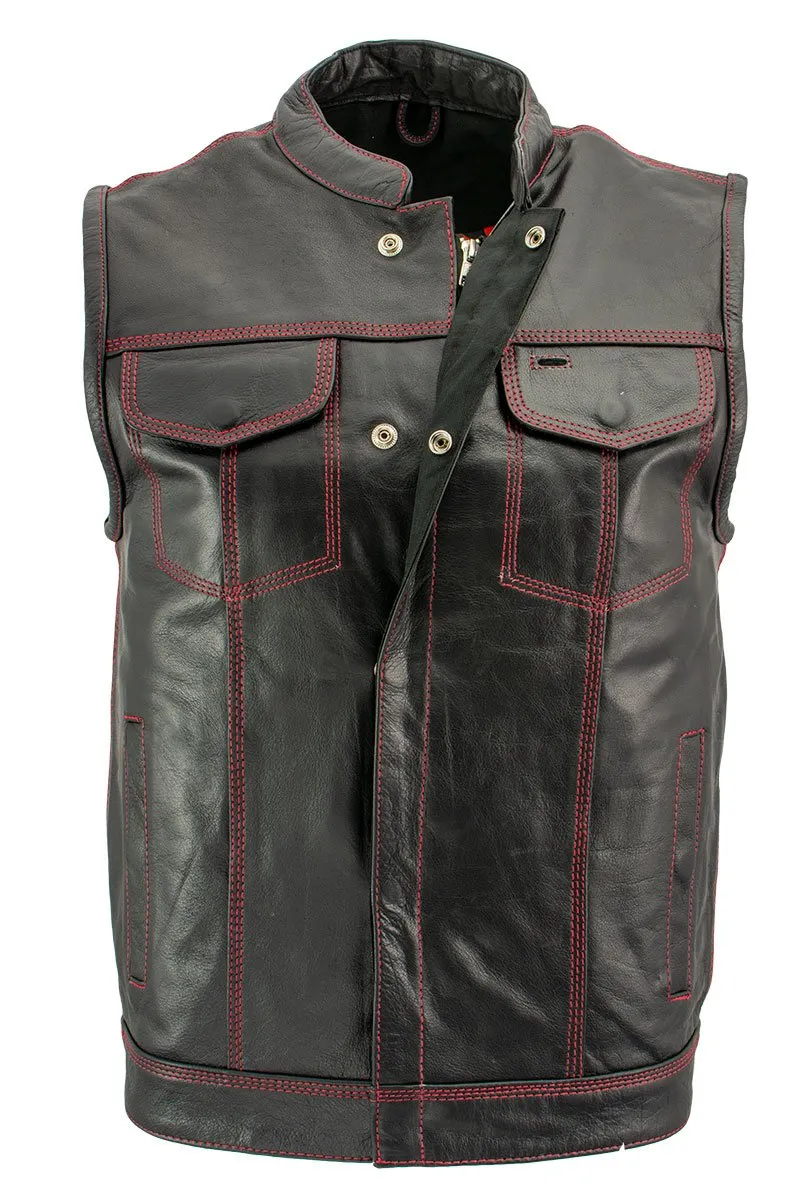 Xelement XS3449 Men's 'Paisley' Black Leather Motorcycle Biker Rider Vest with Red Stitching